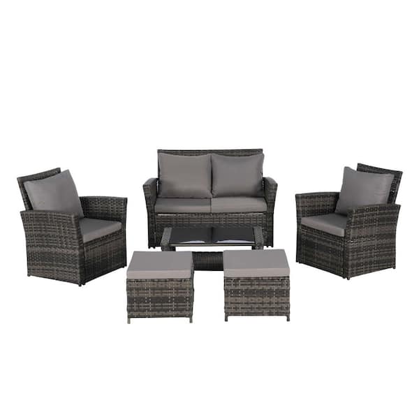Unbranded 6-Pieces Wicker Patio Conversation Set, Outdoor Furniture with Dark Gray Cushions, Ottoman, Tempered Glass Coffee Table