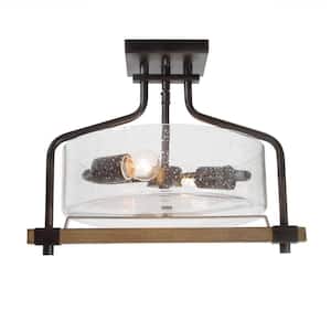 Rustic 15.5 In. 2-Light Black Semi-Flush Mount with Seeded Glass Shade and Faux Wood Accent and No Blub Included