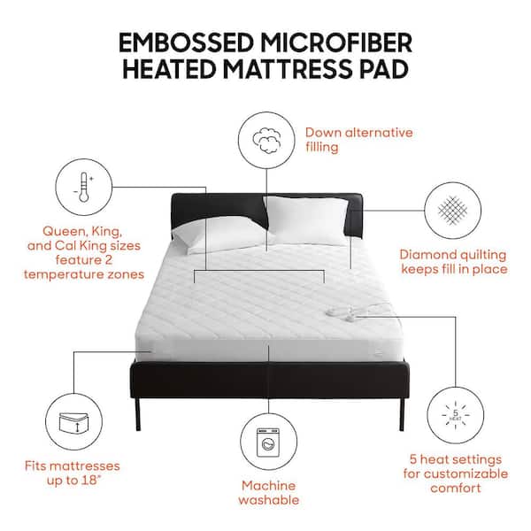 Full Medium 18 in 1-Piece Cal King Heated Mattress Pad White