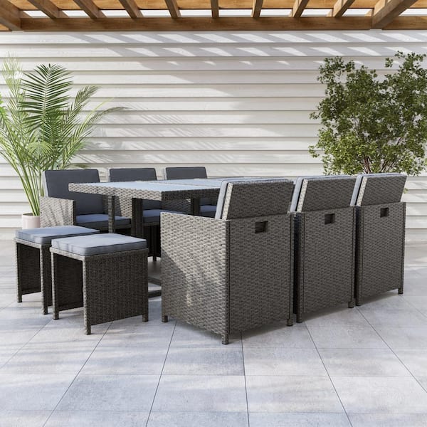 MUSE & LOUNGE Jedda 11-Piece Wicker Rectangular Outdoor Dining Set with Gray Cushions