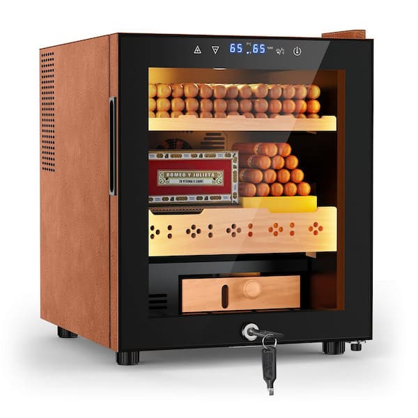 16.92 in. Single Zone Electric Cigar Humidor 50L Storage 300-Counts with Lock Humidity and Temperature Control in Brown