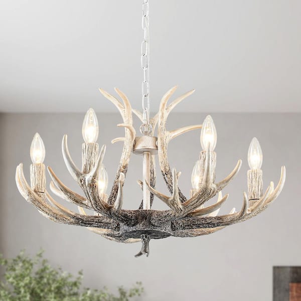 6-Light Beige Gray Antique Pattern Antler Chandelier Vintage Rustic Farmhouse Pendant Light for Dining Room