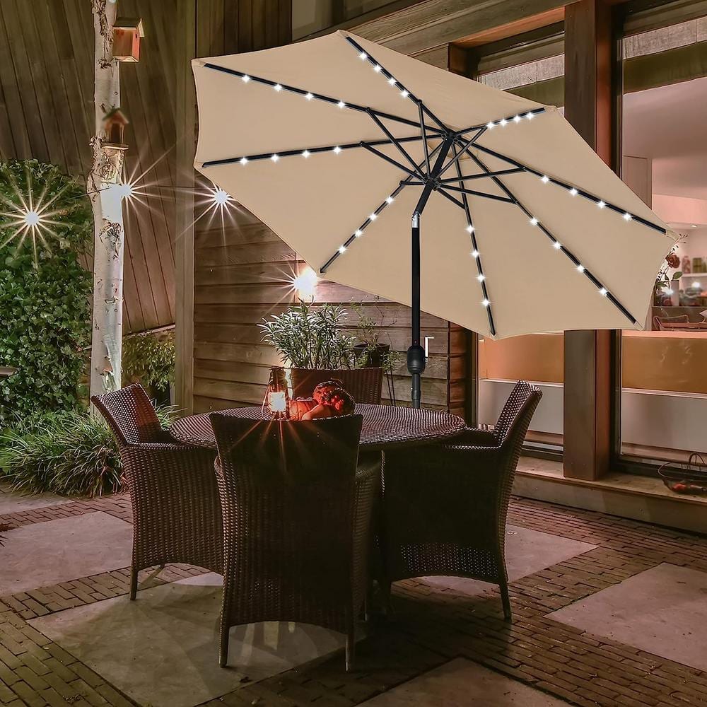 9 ft. Brown Solar Umbrella 32 LED Lighted Patio Umbrella Table Market Umbre