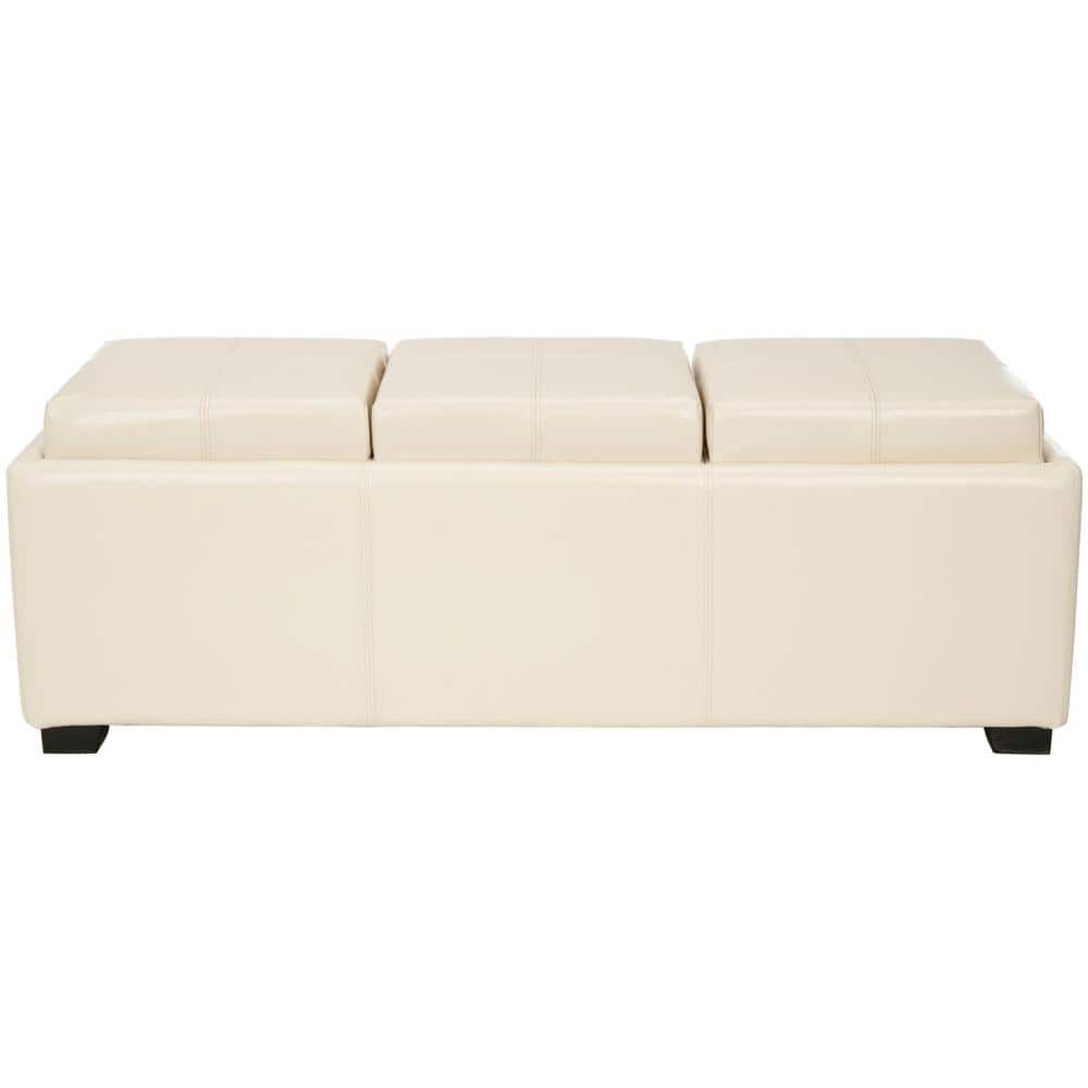 Flat Cream Leather Triple Tray Ottoman with Birch Wood