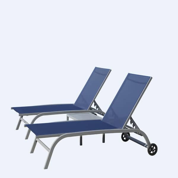 Unbranded Blue Aluminium Material Padded Sling Outdoor Pool Lounge Chairs with 5 Adjustable Position for Patio, Beach Set of 3