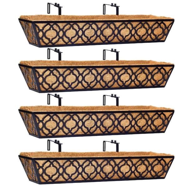 30 Inch Large Metal Railing Planter Box Set with Coconut Coir Liner Adjustable Brackets Outdoor 4 Pack