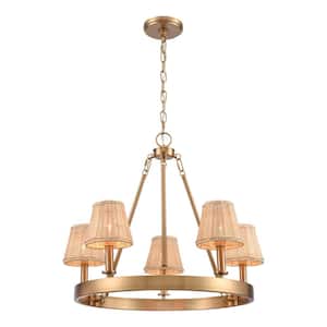 River 5-Light Brushed Gold Transitional Chandelier with Rattan Shades