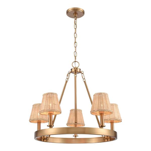 Titan Lighting River 5-Light Brushed Gold Transitional Chandelier with Rattan Shades