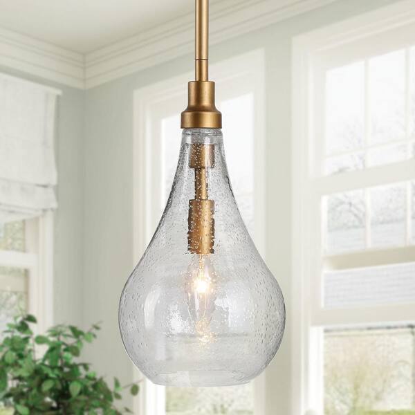 LALUZ Modern Farmhouse Brass Mini Globe 1-Light 6 in. Pendant Light with Seeded Teardrop Glass Shade