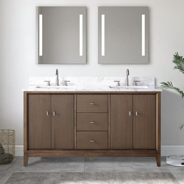 Vanity Art 60 in. W Double Sink Freestanding Walnut Bath Vanity Cabinet with Arabescato White Engineered Marble Top