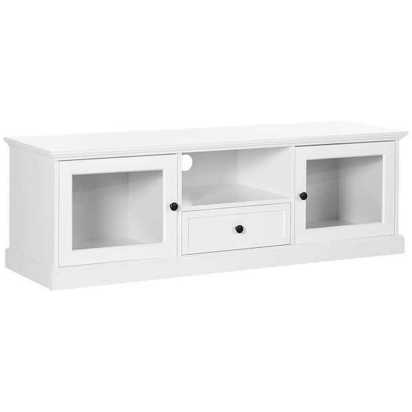 HOMCOM Modern 55 in. White TV Stand with 1 Storage Drawers Fits TV's up to 60 in. with Glass Doors