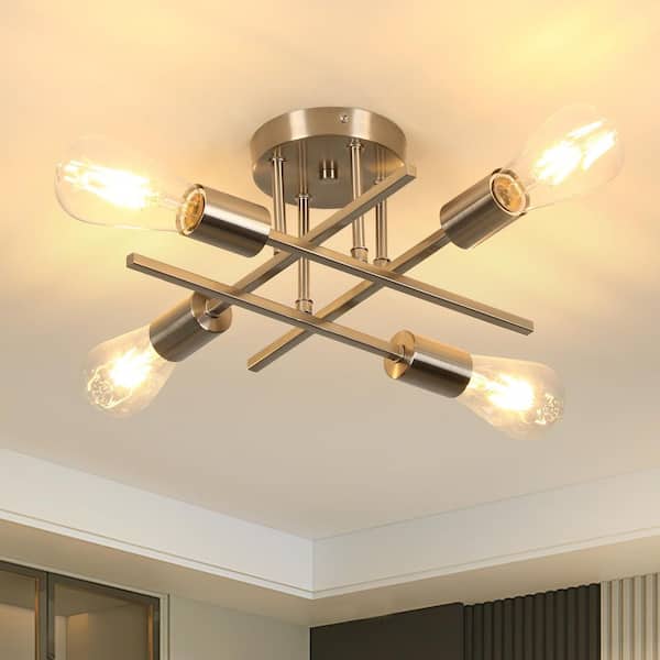 16 in. 4-Light Modern Sputnik Linear Nickel Metal Industrial Farmhouse Semi- Flush Mount Ceiling Lights Chandelier Light