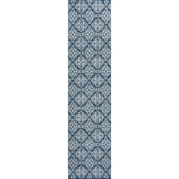 Amora Navy/Cream 2 ft. x 8 ft. Traditional Mediterranean Tile Design Indoor/Outdoor Runner Rug