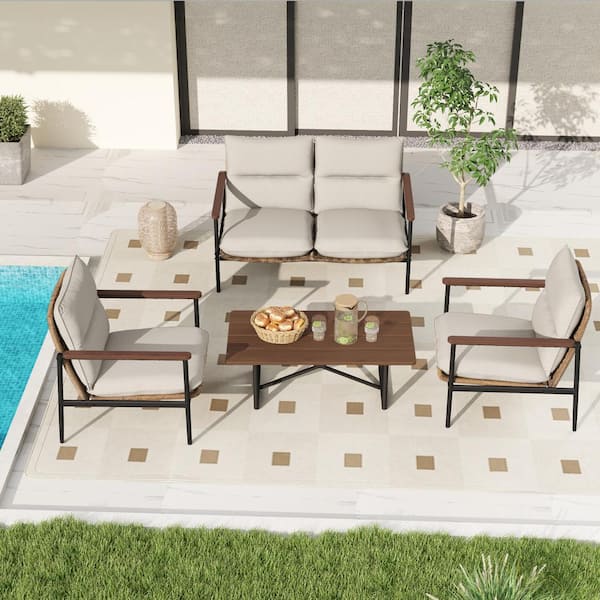 EGEIROSLIFE PureCane 4-Piece Aluminum Wicker Patio Conversation Set with Loveseat, Coffee Table and Light Gray Cushions