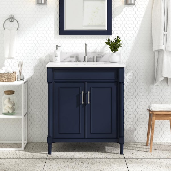 Bristol 31 in. Single Sink Navy Blue Bath Vanity with Cala White Engineered Stone Top