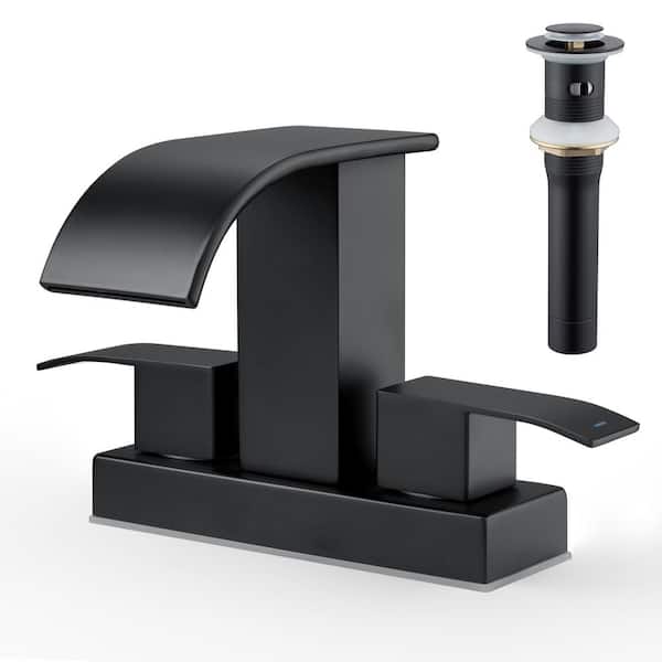 GAGALIFE 4 in. Centerset Double-Handle Waterfall Spout Bathroom Vessel Sink Faucet with Drain Kit Included in Matte Black