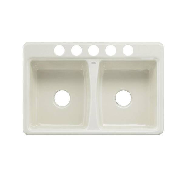 KOHLER Deerfield Self-Rimming Undermount Cast Iron 17.06 in. 5-Hole Double Kitchen Sink in Biscuit-DISCONTINUED