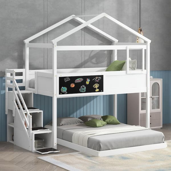 Qualler White Twin Over Full House Bunk Bed With Storage Staircase and Blackboard