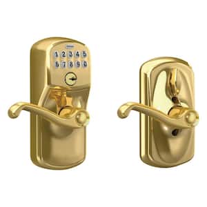 Plymouth Bright Brass Electronic Keypad Door Lock with Flair Handle and Flex Lock