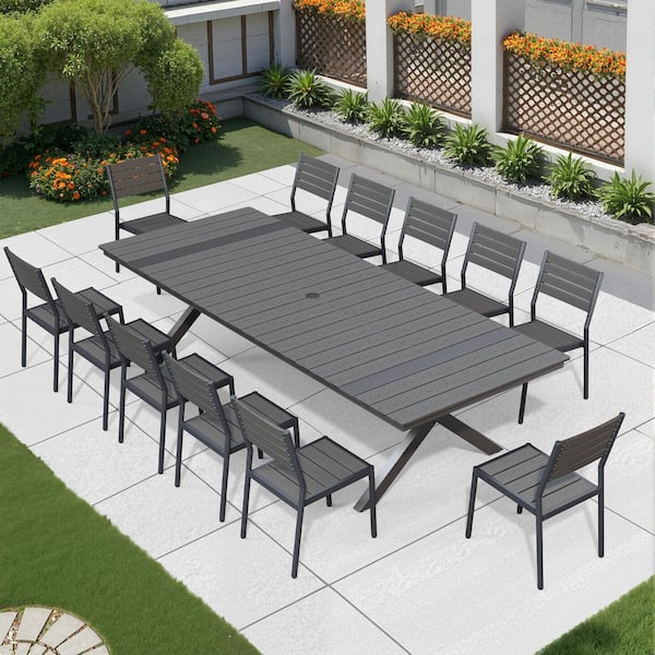 Black 13-Piece 118 in. Aluminum Wood-Like Rectangular Patio Outdoor Dining Set with Stackable Chairs and Umbrella Hole