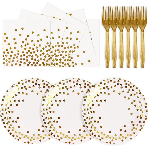 Adrinfly White and Gold Dot Disposable Party Dinnerware Set (75 PCS)