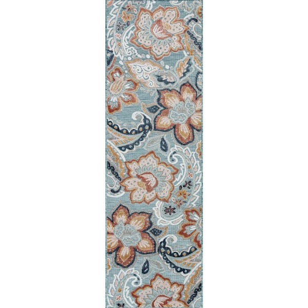 Tayse Rugs Tropic Floral Aqua 2 ft. x 8 ft. Indoor/Outdoor Area Rug
