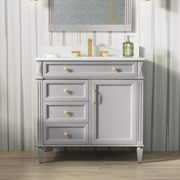 ANGELES HOME 36 in. W x 22 in. D x 35 in. H Solid Wood Freestanding Bath Vanity in Grey with Single Sink, Carrera White Quartz Top