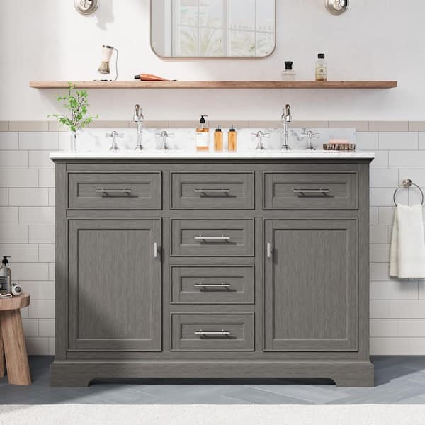 48 in. Gray Wood Double Sink Freestanding Bathroom Vanity with White Ceramic Top
