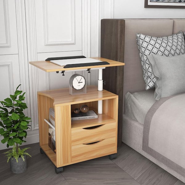 Aoibox 2-Drawer Height Adjustable Overbed End Table Wooden Nightstand With Swivel Top, Wheels and Open Shelf, White Maple