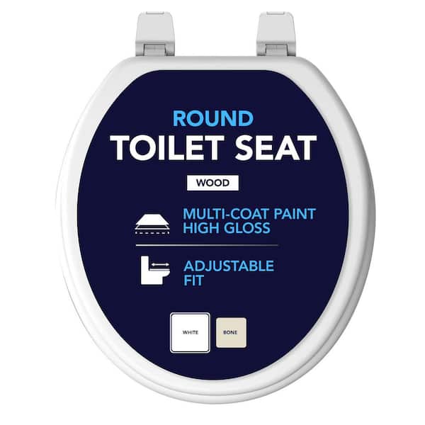 Round Toilet Seat with Adjustable Hinges in White Molded Wood, Standard Size Fit