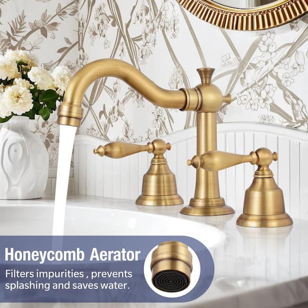Double Handles 8 in. Widespread Bathroom Faucet 3-Hole Sink Faucet with Pop-Up Drain in Antique Brass