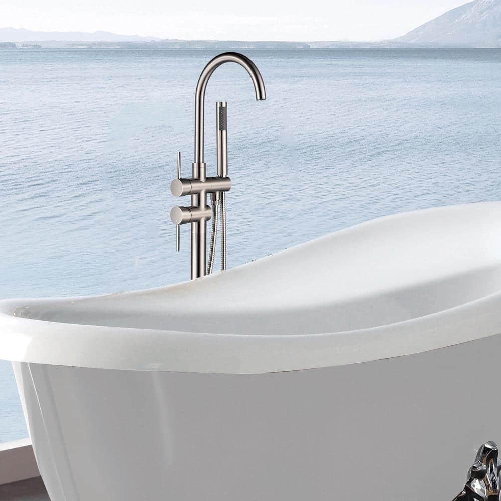 Brushed Nickel Freestanding Tub Filler with Hand Shower