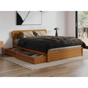 Capri Light Toffee Natural Bronze Solid Wood Frame Queen Platform Bed with Panel Footboard and Storage Drawers