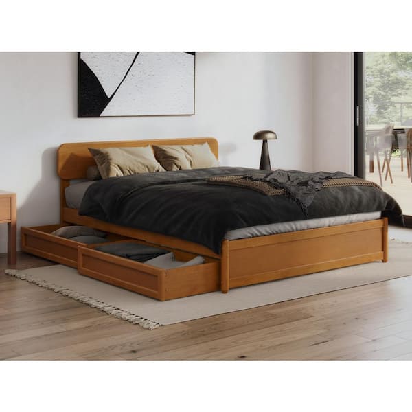 AFI Capri Light Toffee Natural Bronze Solid Wood Frame Queen Platform Bed with Panel Footboard and Storage Drawers