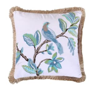 Cressida Teal, Blue, Taupe Floral, Bird Embroidered with Fringe All Around 18 in. x 18 in. Throw Pillow