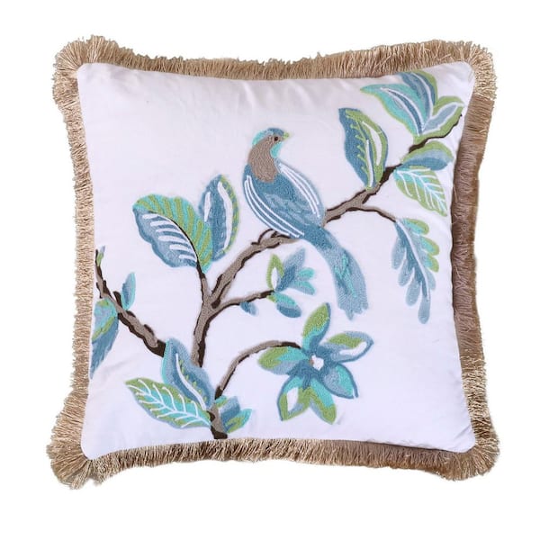 LEVTEX HOME Cressida Teal, Blue, Taupe Floral, Bird Embroidered with Fringe All Around 18 in. x 18 in. Throw Pillow
