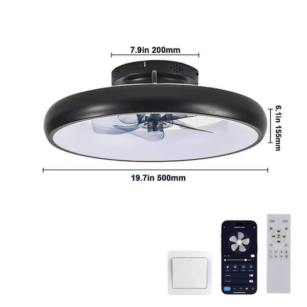 20 in. Black Indoor LED Flush Mount Dimmable Ceiling Fan Light with APP Control and Gary ABS Balde for Living Room