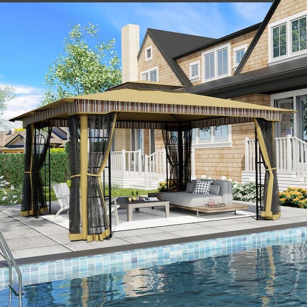 Esunny 13 ft. x 11 ft. Beige Outdoor Patio Steel Frame Soft Top Gazebo with Mosquito Netting and Weather-Resistant Canopy Top