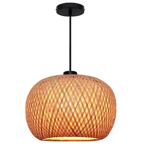 Bernice 11.5 in. 1-Light Black Pendant Light Fixture with Natural Rattan Shade