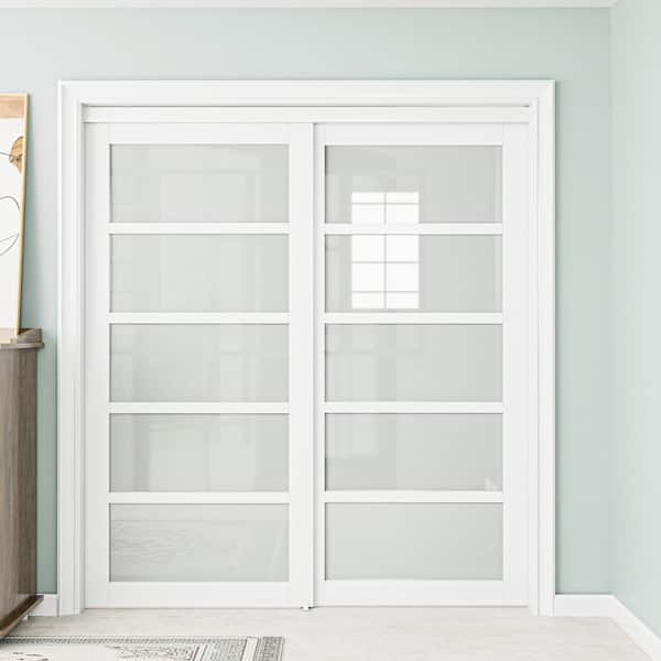 72 in. x 80 in. 5 Lite Tempered Frosted Glass and White MDF Interior Closet Sliding Door with Hardware Kit