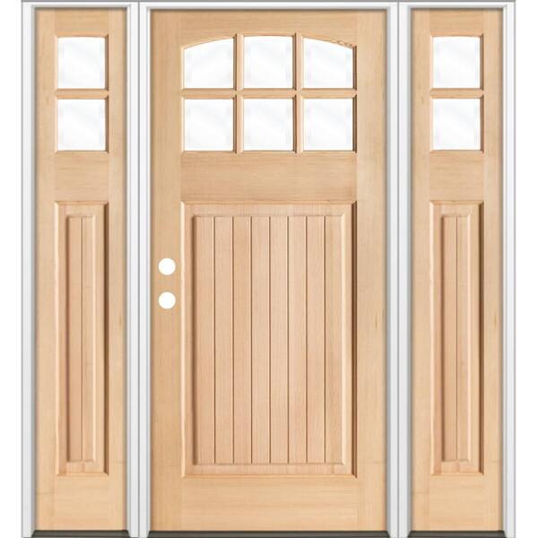 64 in. x 80 in. V-Groove Arched 6-Lite Clear Glass Unfinished Right Hand Hemlock Prehung Front Door with DSL