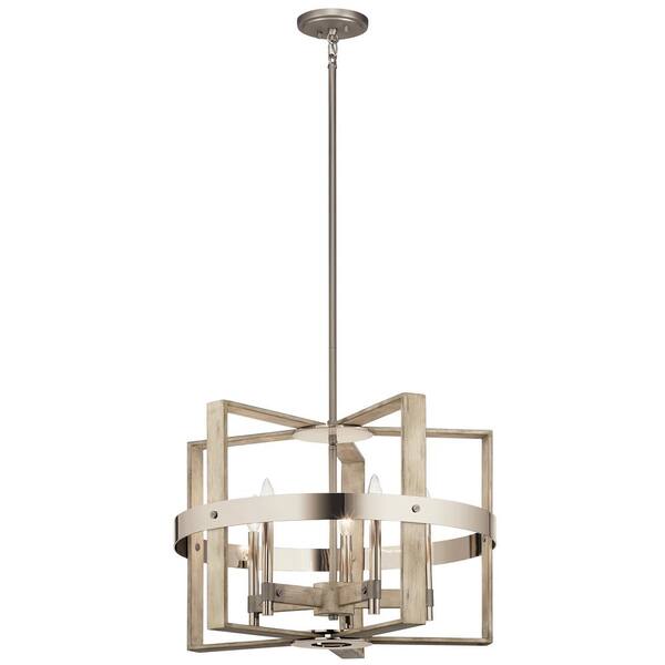 Peyton 26 in. 5-Light White Washed Wood and Nickel Farmhouse Candle Square Chandelier for Dining Room