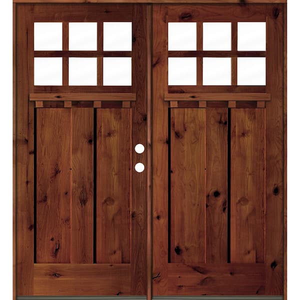 Krosswood Doors 72 in. x 80 in. Craftsman Knotty Alder Wood Clear 6-Lite RC Stained/Dentil Shelf Left Active Double Prehung Front Door