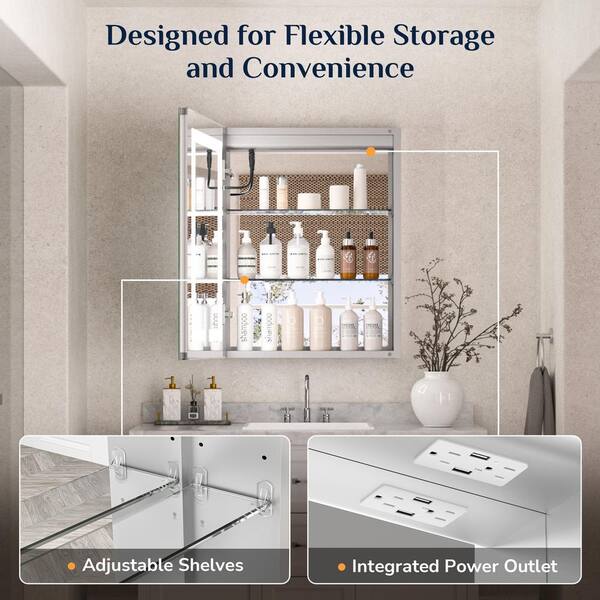 KeonJinn 36 in. W x 30 in. H Rectangular LED Lighted Anti-Fog Tempered Glass Aluminum Medicine Cabinet with Mirror in Silver