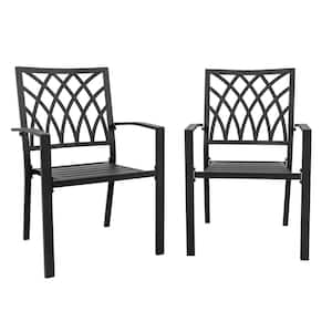 Black Iron Stackable Outdoor Patio Chairs with Powder-Coated Finish and Lattice Pattern (2-Pack)