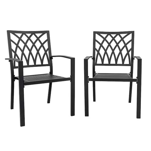 Nuu Garden Black Iron Stackable Outdoor Patio Chairs with Powder-Coated Finish and Lattice Pattern (2-Pack)