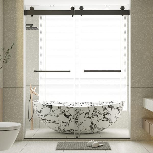 60 in. W x 76 in. H Sliding Frameless Soft-Close Shower Door in Matte Black with 3/8 in. Thick SGCC Tempered Glass Door