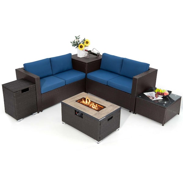 Costway 6-Pieces Wicker Patio Conversation Set 32 in. Fire Pit Table Tank Holder with Cover Navy Cushions