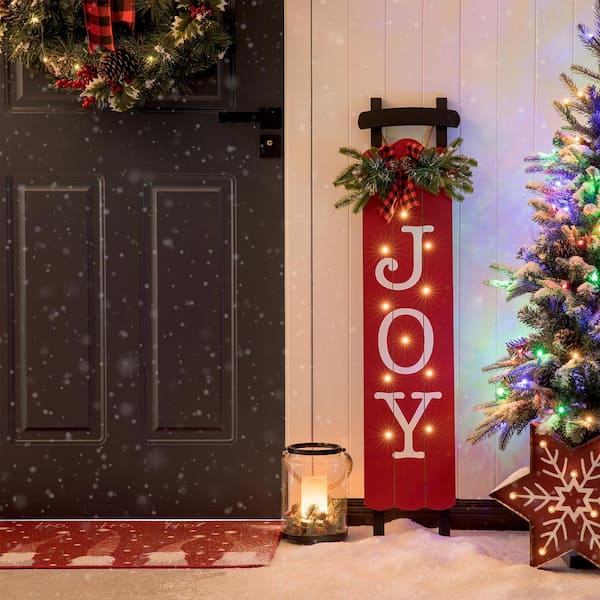Glitzhome 40 in. H Wooden Sleigh JOY Porch Sign Lighted