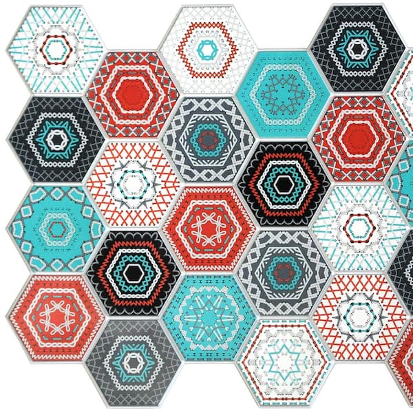 Dundee Deco 3D Falkirk Retro 38 in. x 19 in. Multicolor Faux Hexagon Mosaic PVC Decorative Wall Paneling (10-Pack)